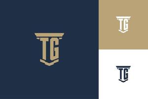Diseño de logotipo de iniciales de monograma tg con icono de pilar. diseño de logotipo de ley de abogado vector
