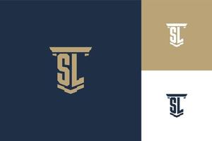 SL monogram initials logo design with pillar icon. Attorney law logo design vector