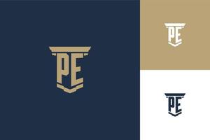 PE monogram initials logo design with pillar icon. Attorney law logo design vector