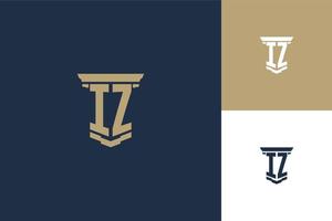 Diseño de logotipo de iniciales de monograma iz con icono de pilar. diseño de logotipo de ley de abogado vector