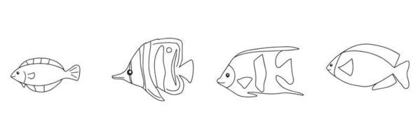 Illustration of the different fishes in a doodle design on a white background cartoon