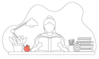 Girl Reader and a book cartoon. Colorless outlined illustration to be colored with thin line black stroke. Person with interesting book abstract concept. Woman sitting at table, reading romantic vector