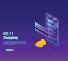 Isometric shopping online and payment online concepts. Internet payments, protection money transfer, online bank vector illustration