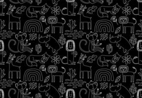 Cute seamless pattern with wild animals line art. vector