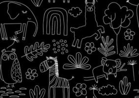 Cute seamless pattern with wild animals line art. vector