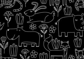 Cute seamless pattern with wild animals line art. vector