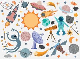 Space universe colored isolated icon set elements of outer space on white background. vector