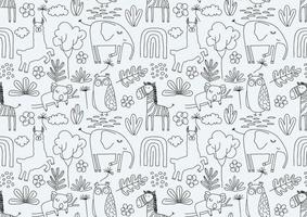 Cute seamless pattern with wild animals line art. vector