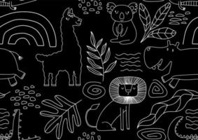 Cute seamless pattern with wild animals line art. vector