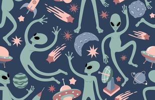 Cute space pattern with aliens. vector