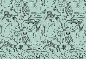Cute seamless pattern with wild animals line art. vector