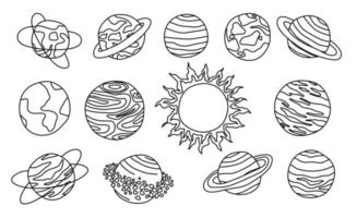 set of  fantasy planets in outline style on a white background. vector