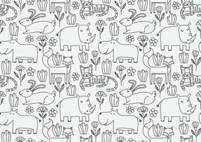 Cute seamless pattern with wild animals line art. vector