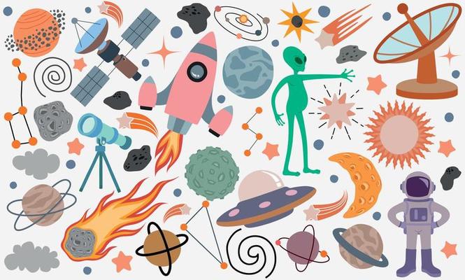 Space universe colored isolated icon set elements of outer space on white background.
