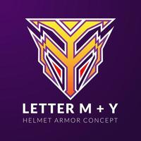 iniciales m e y diseñan el logotipo de esports y juegos con el concepto de armadura de casco vector