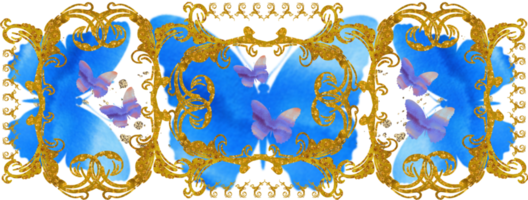 Watercolour butterflies. blue and gold texture. Wedding, birthday, Valentines Day template. png