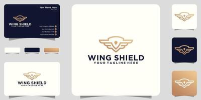 shield and wings logo inspiration with line art style and business card design vector