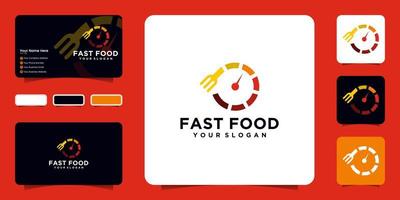 Fast food logo with speed meter bicycle concept, and a fork, business card design inspiration vector