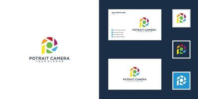 plantilla de diseño de logotipo de cámara de obturador de letra p y tarjeta de visita vector