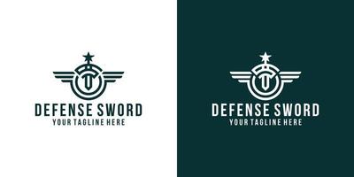 diseño de logotipo de defensa militar con espada y alas vector