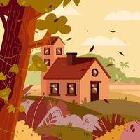 casa con vista al río en concepto de temporada de otoño floral vector