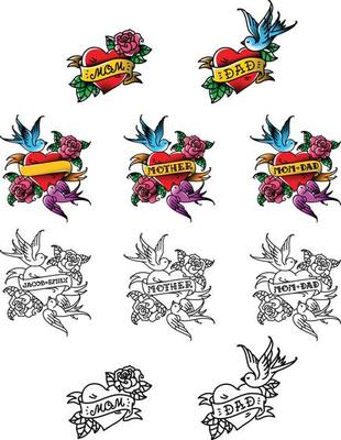A set of congratulatory tattoos for mom and dad. Heart with birds and flowers. Recognition of love for parents. Templates for tattoos for names. Vector illustration. American old school.