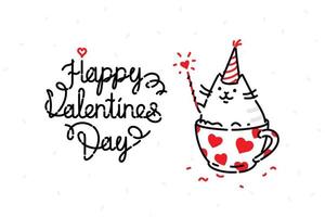Vector illustration of a cat on a valentines day holiday. Image is isolated on a white background for printing, banner, website. Kitty in the cup congratulates, wishes happiness. Valentines Day
