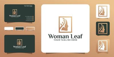 natural beautiful woman logo design with square frame, icon, symbol and business card vector