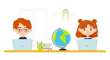 Cute boy and girl in glasses learning via internet at home. Happy smart kid studying online at laptop computer. Child studying at a desk. Vector illustration isolated on white background