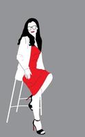 Young attractive woman sitting on the chair. Red dress. A woman in glasses posing. Elegant woman. Vector illustration