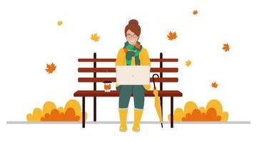 Young happy woman sitting on the bench in the autumn park with coffee and laptop. Freelancer concept. Vector illustration