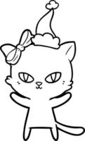 cute line drawing of a cat wearing santa hat vector