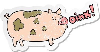 distressed sticker of a cartoon oinking pig vector