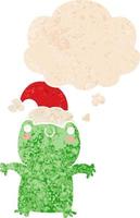 linda rana de dibujos animados con sombrero de navidad y burbuja de pensamiento en estilo retro texturizado vector