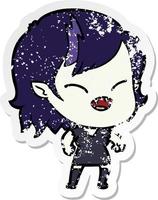 distressed sticker of a cartoon laughing vampire girl vector