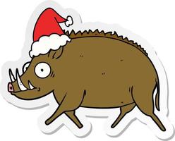 sticker cartoon of a wild boar wearing santa hat vector