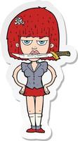 sticker of a cartoon woman with knife in teeth vector