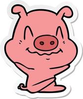 sticker of a nervous cartoon pig sitting vector