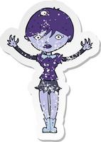 retro distressed sticker of a cartoon vampire girl vector