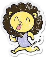 distressed sticker of a happy cartoon lion vector