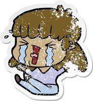 distressed sticker of a cartoon woman in tears vector