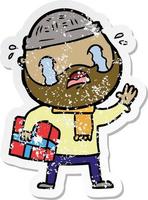 distressed sticker of a cartoon bearded man crying with christmas present vector