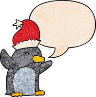 lindo pingüino de navidad de dibujos animados y burbuja de habla en estilo de textura retro vector