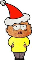 textured cartoon of a tired bald man wearing santa hat vector