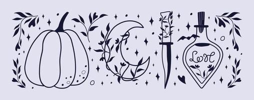 Witchcraft and Magic Illustrations. Love potion, moon, pumpkin, and knife. Halloween wizardry. vector