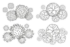árbol para planos arquitectónicos. diseño de séquito. varios árboles, arbustos y arbustos, vista superior para el plan de diseño del paisaje. vector
