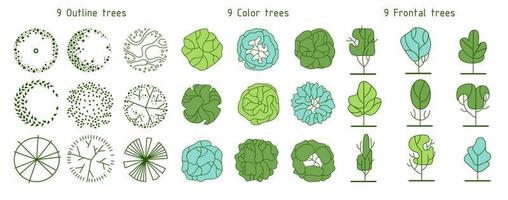 Tree for architectural floor plans. Entourage design. Various trees, bushes, and shrubs, top view for the landscape design plan. vector