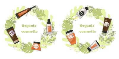 Organic cosmetic. Set of a skin-care product. Eco friendly. Flourish laurel wreaths. vector