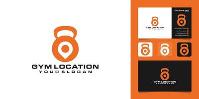 Fitness location with barbell logo design and negative space pin map, design template and business card vector