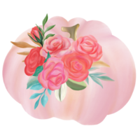 Pink fall pumpkin with flower bouquet watercolor png